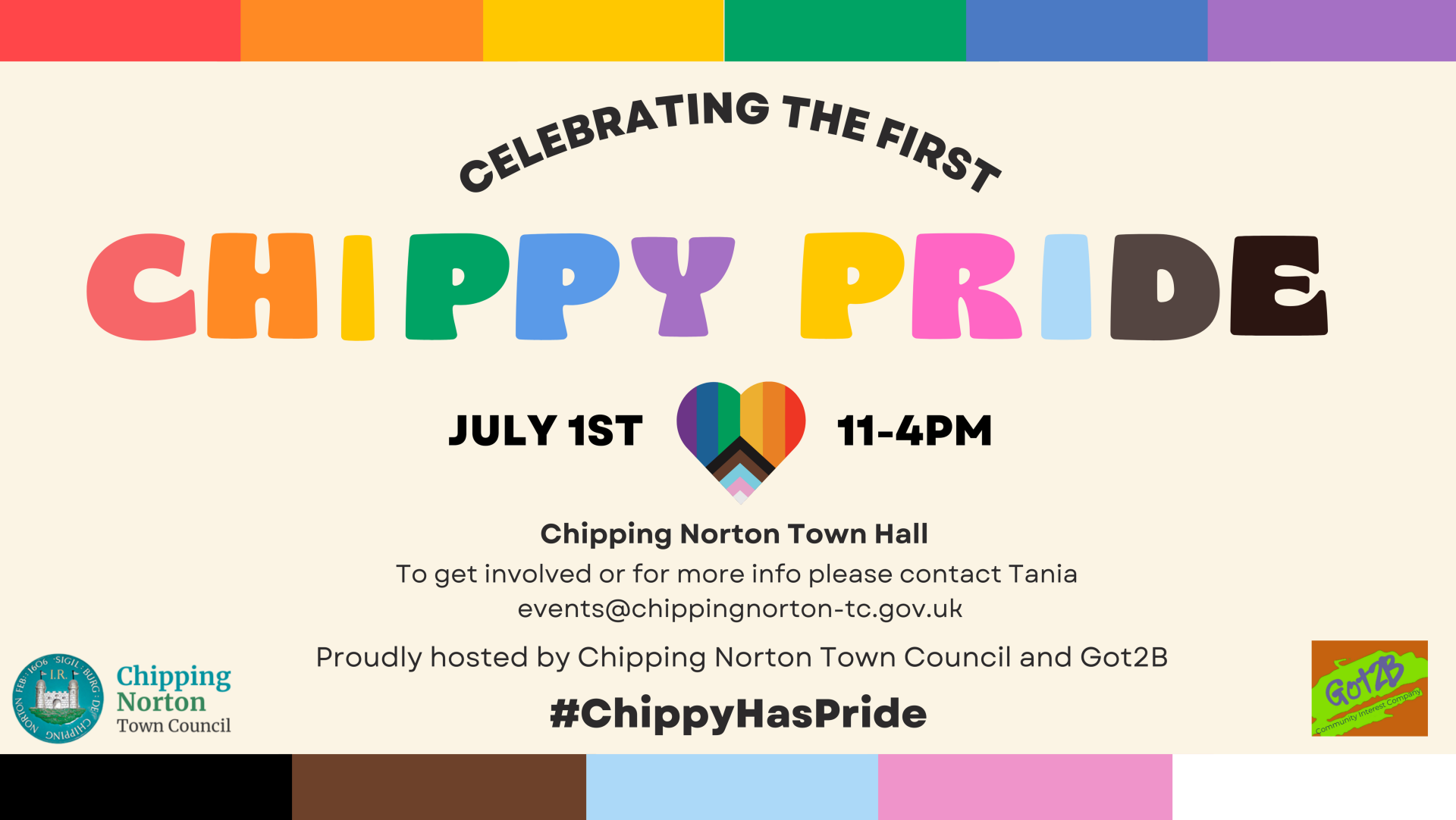 Celebrating the first Chippy Pride 
July 1st 11-4pm
Chipping Norton Town Hall
To get involved or for more info please contact Tania  events@chippingnorton-tc.gov.uk
