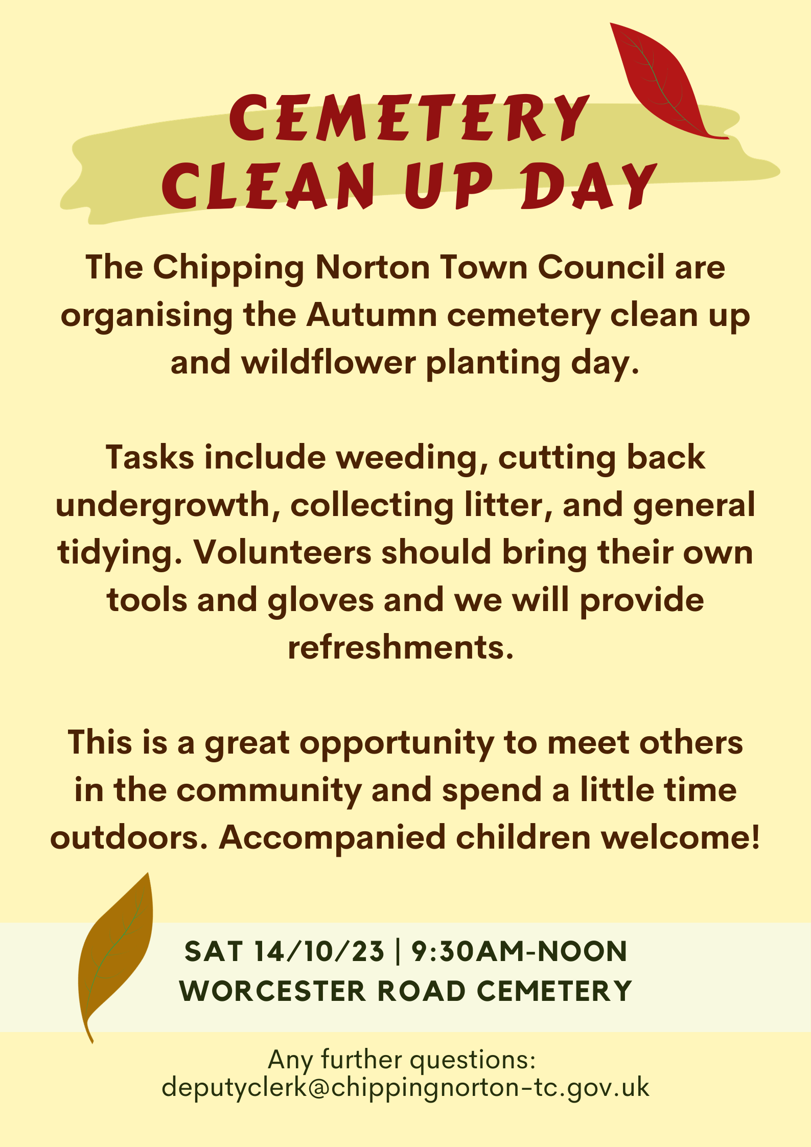 The Chipping Norton Town Council are organising the Autumn cemetery clean up and wildflower planting day.
Tasks include weeding, cutting back undergrowth, collecting litter, and general tidying. Volunteers should bring their own tools and gloves and we will provide refreshments.
This is a great opportunity to meet others in the community and spend a little time outdoors. Accompanied children welcome!