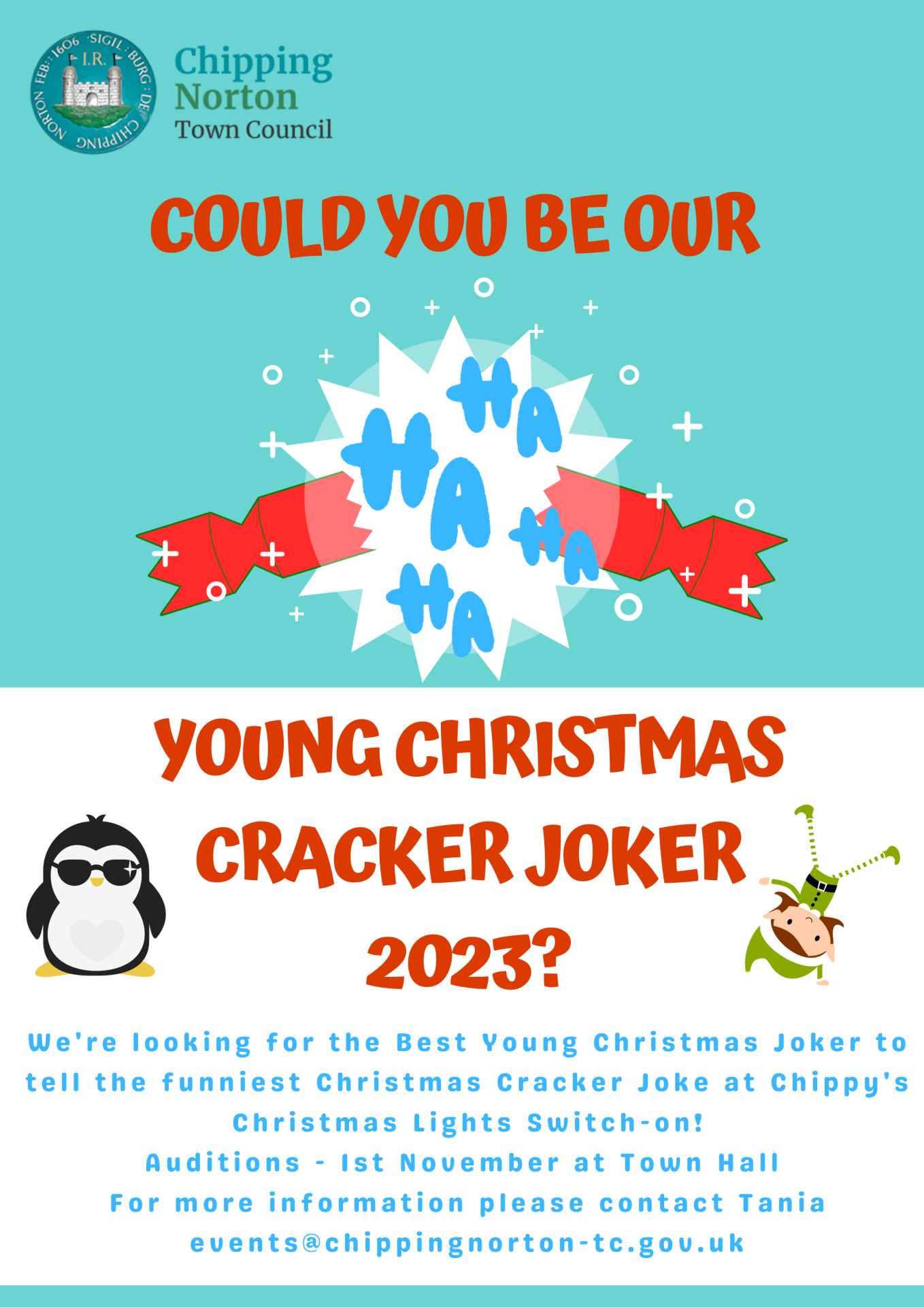 We're looking for the Best Young Christmas Joker to tell the funniest Christmas Cracker Joke at Chippy's Christmas Lights Switch-on!
Auditions - 1st November at Town Hall
For more information please contact Tania events@chippingnorton-tc.gov.uk