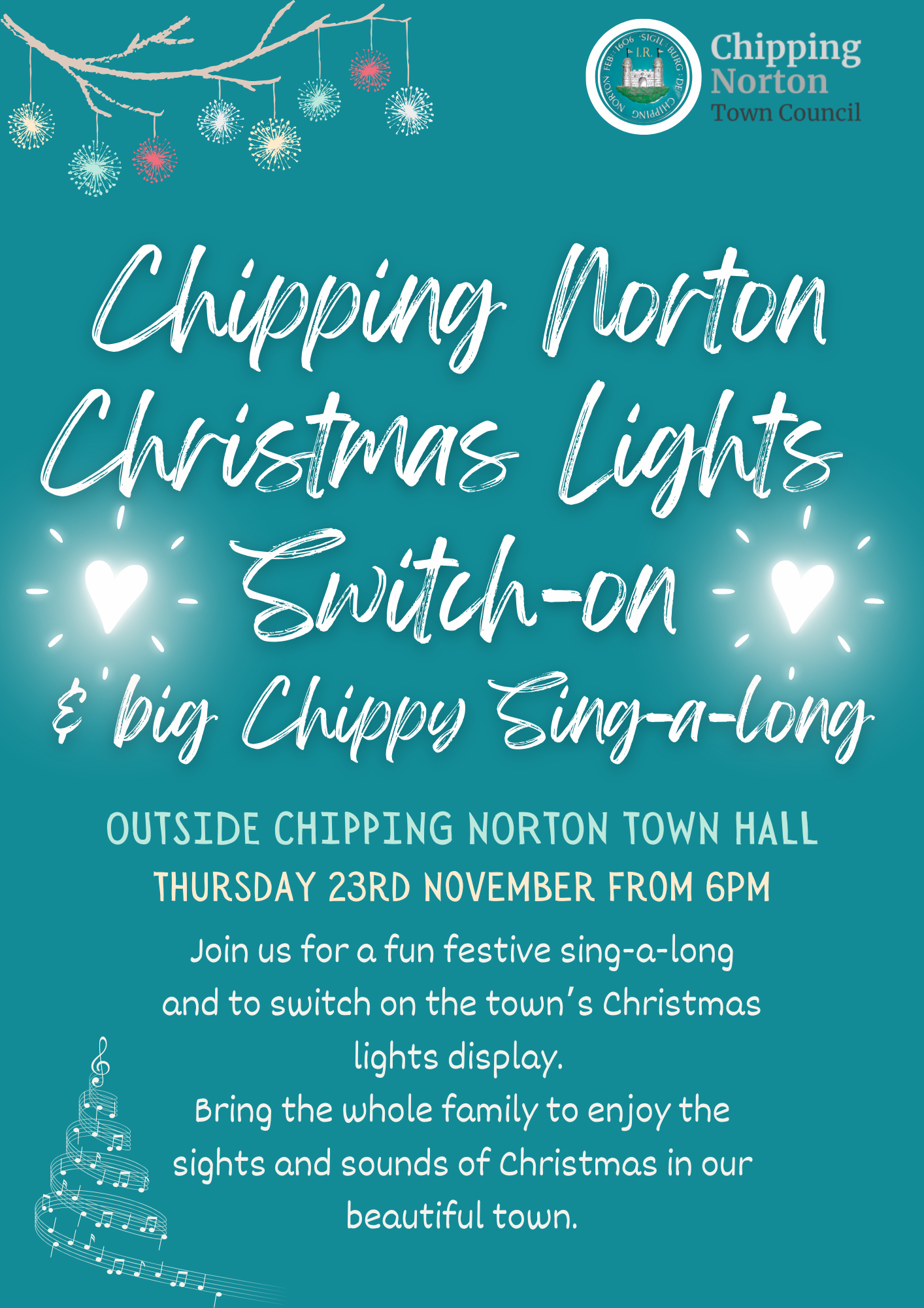 Outside Chipping Norton Town Hall
Thursday 23rd November from 6pm 
Join us for a fun festive sing-a-long and to switch on the town’s Christmas lights display. 
Bring the whole family to enjoy the sights and sounds of Christmas in our beautiful town.