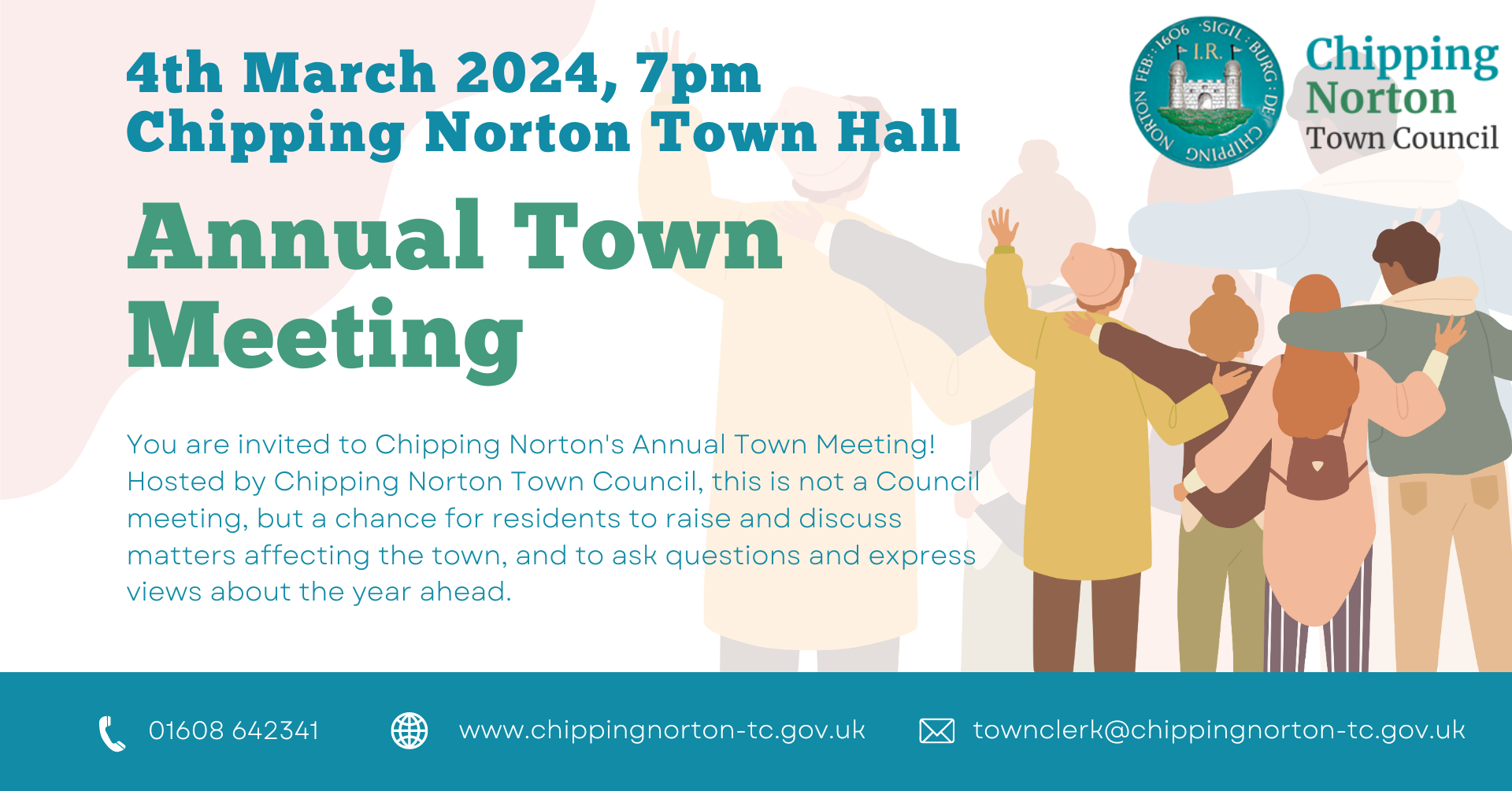 You are invited to Chipping Norton's Annual Town Meeting! 
Hosted by Chipping Norton Town Council, this is not a Council meeting, but a chance for residents to raise and discuss matters affecting the town, and to ask questions and express views about the year ahead.