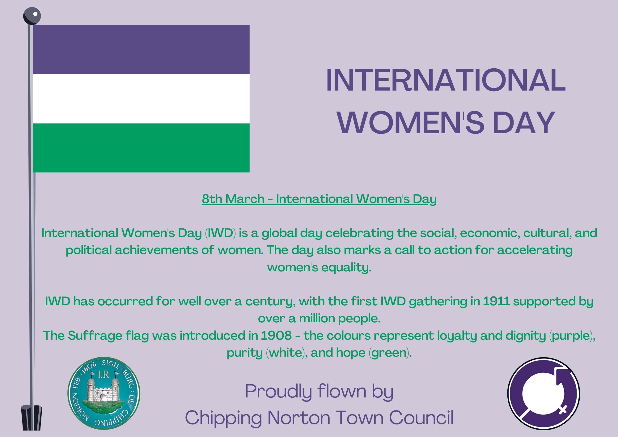 8th March - International Women's Day International Women's Day (IWD) is a global day celebrating the social, economic, cultural, and political achievements of women. The day also marks a call to action for accelerating women's equality. IWD has occurred for well over a century, with the first IWD gathering in 1911 supported by over a million people. The Suffrage flag was introduced in 1908 - the colours represent loyalty and dignity (purple), purity (white), and hope (green).