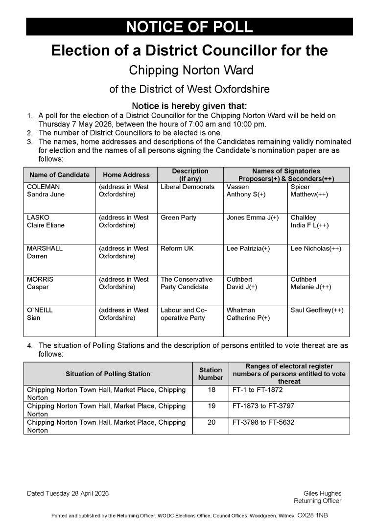 Notice of Poll - 7 May 2026 - Chipping Norton Town Council